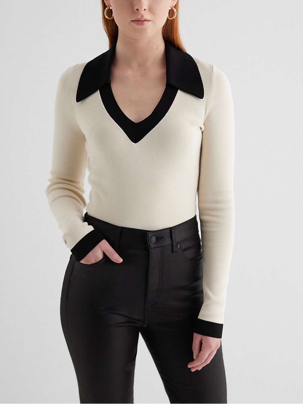 Express Cream V‑Neck Sweater with Black Collar and Trim
